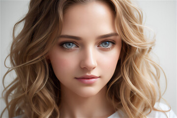 Fototapeta premium Close-up portrait of a blonde, blue-eyed woman with wavy hair, wearing a white blouse, exuding elegance and beauty