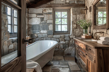 A rustic bathroom featuring natural stone walls, wooden vanity, and a vintage clawfoot tub, exuding old-world charm.
