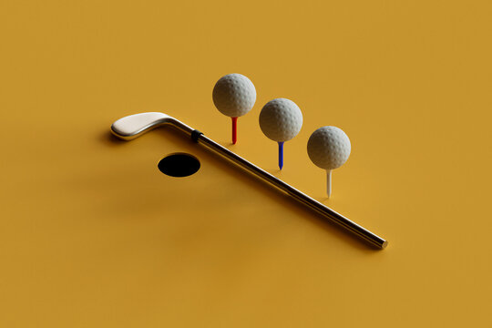 Golf Putter with Balls on Colored Tees and Black Hole