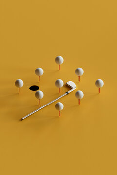 Golf Balls on Red Tees with Putter and Hole on Yellow Backdrop