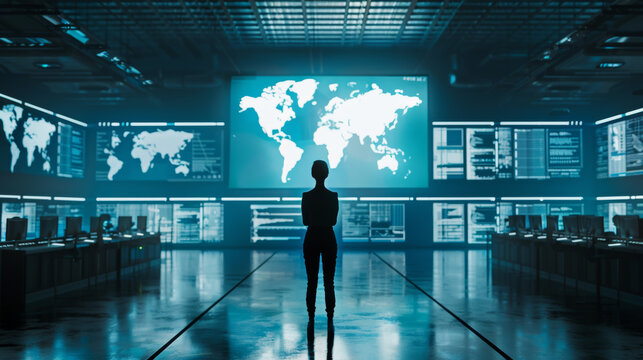 person in cyber control room with world maps on display screens