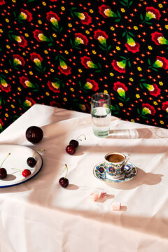 Turkish coffee on table with a floral pattern background