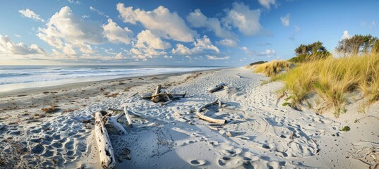 Obraz premium Wide Ocean View with Sand Dunes wood on Sandy Beach