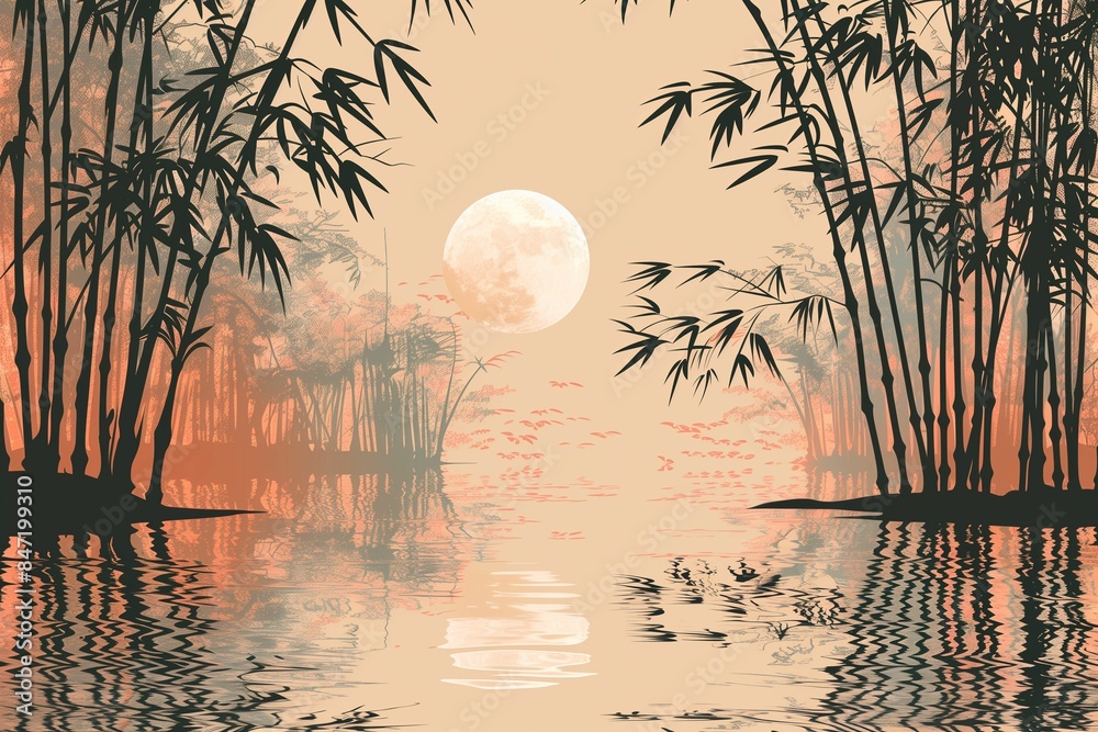 Sticker AI generated illustration of a serene bamboo forest landscape with a full moon