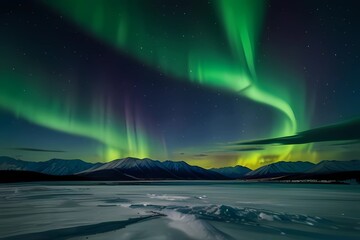 Intense display of Northern Lights Aurora borealis. Spectacular display of intense Northern Lights or Aurora borealis or polar lights forming green swirls over frozen Lake Laberge Yukon Territory Cana