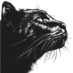 A black and white drawing of a cat looking up