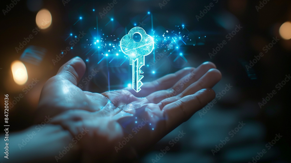 Wall mural hologram of a key in hands