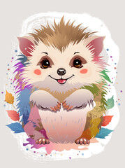 Cute hedgehog with splashes of colors on a lilac background