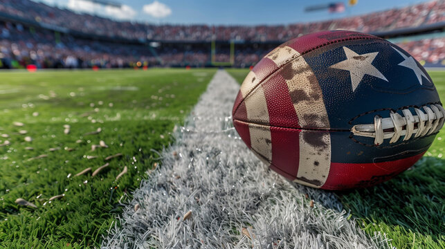 American football ball against the background of the stadium lawn