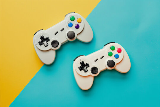 flat lay view of vintage 1980s computer game controllers on a bright color background