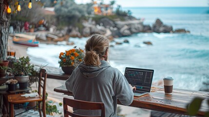 A young professional working on a laptop at a cosy beachside. Flexible working and freedom of remote work Concept