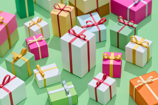 Minimal composition background of colored gift boxes