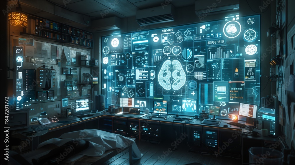 Poster a futuristic room with a large holographic display showcasing medical data during a virtual gastroen