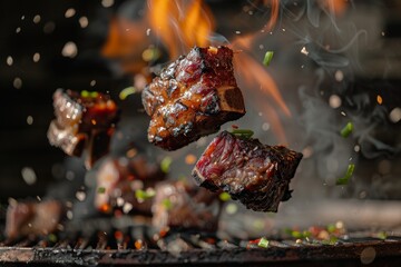 Savory Short Ribs Floating in Mid-Air with Fiery Background Generative AI