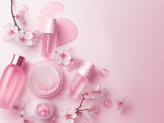 Kosmetik Serie mit vielen Produkten, Serum und Creme in schönen Pastell Farben dekoriert