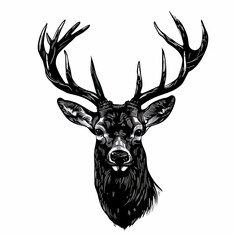 A black and white drawing of a deer 's head