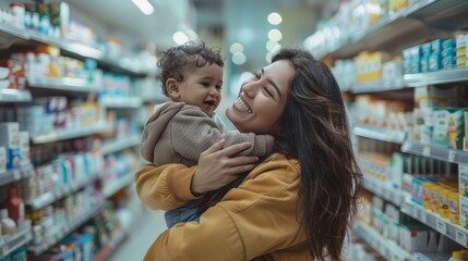 Happy Mother and Son Shopping at Pharmacy Generative AI