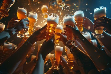 People holding beer glasses, making a toast, enjoying a night out at the pub