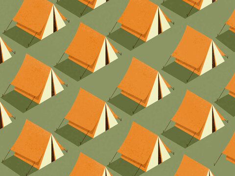 Number of orange tents on ground in daylight