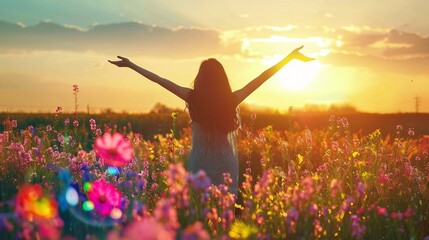 Woman enjoying sunset in blooming field