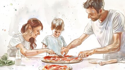 Family making pizza together in the kitchen.