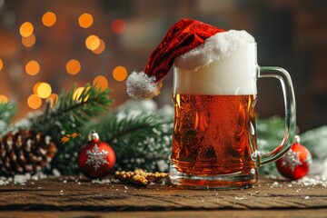 Festive glass of beer is wearing a santa hat and sitting on a table with christmas decorations