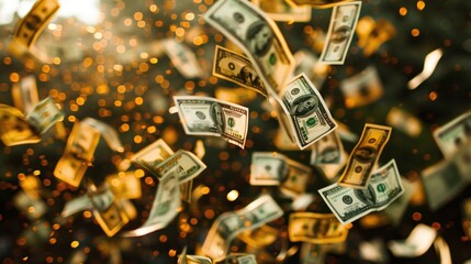 Flying Dollar Bills with Bokeh Light Effect