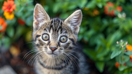 A little striped curious kitten is looking at the camera 