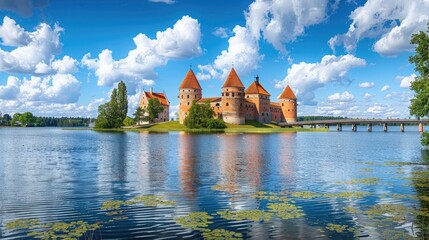 Naklejka premium Trakai historical castle offers a wide view from a lake island with a sunny day and a bridge leading to it