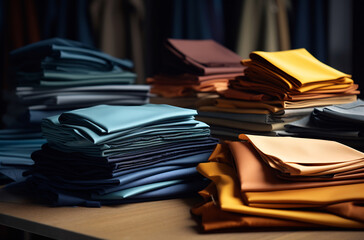 Stacks of blue, brown, and yellow fabric on a wooden table