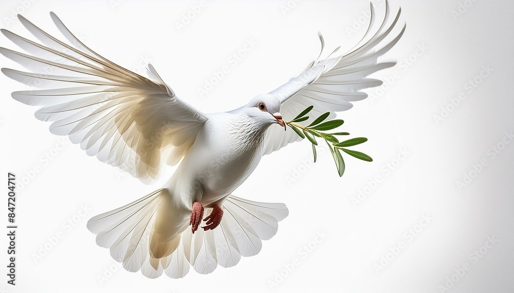Wall mural white dove of peace flying with green olive twig isolated on transparent background with space for t - Wall murals