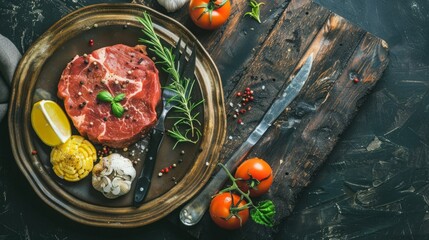 A raw steak with rosemary, tomatoes, garlic, and lemon wedges is shown on a wooden cutting board.