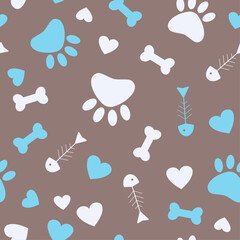 Cute seamless pattern with pets paws, bones and hearts. It can be used for wallpapers, wrapping, cards, patterns for clothes and other. Bones, paw print and fishbone. Cute cartoon seamless pattern