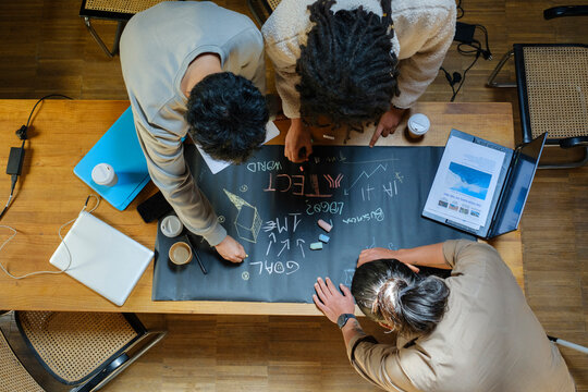 Group of coworkers brainstorming for logo in their tech startup office