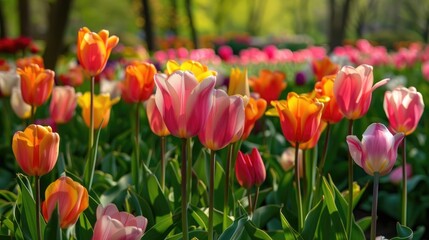 Obraz premium Beautiful tulips fill the large park flowerbed in spring