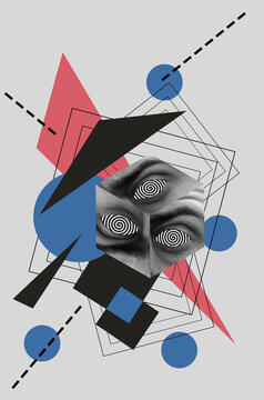 A cube with eyes on planes against abstract background
