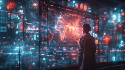 A medical conference attendee interacts with a holographic presentation on a large screen, showcasing a world map with data visualizations.