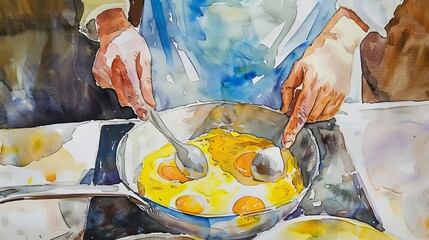 The image shows the process of cooking. A person is cracking eggs into a frying pan. The painting is done in watercolor.
