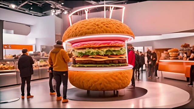 People look at a large advertising hamburger in fast food restaurant.