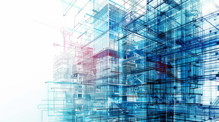 Obraz premium A blue and red building with a lot of windows and a red staircase