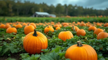 A field of pumpkins with a barn in the background