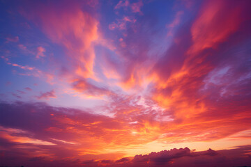 Fototapeta premium Sunset Sky Clouds in the evening with Red, Orange, Yellow and purple sunlight on Golden hour after sundown, Romantic sky in summer on Dusk Twilight