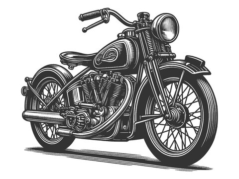 recommend clip art: classic motorcycle, featuring detailed design elements and engine parts sketch engraving generative ai vector illustration. Scratch board imitation. Black and white image.