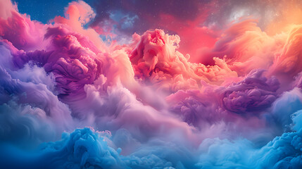 Vibrant painting of a pink and violet cloudy sky with the sun breaking through