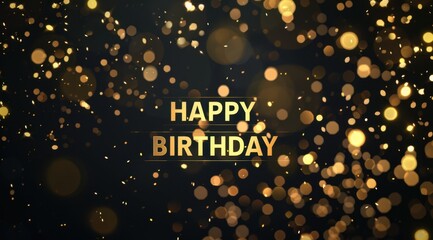 Happy Birthday text with golden bokeh lights on black background Generative AI