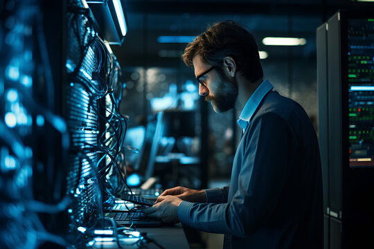 Technician working on personal computer while analyzing server in server room