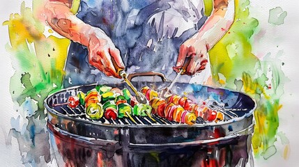 watercolor of person grilling on a charcoal grill