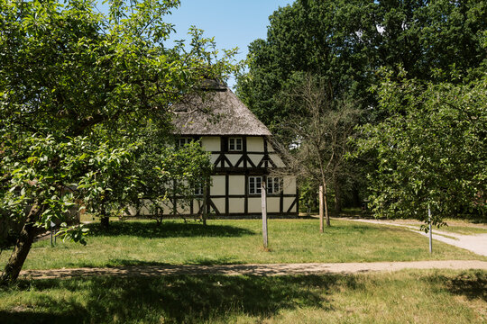 old fashioned thatched roof building in lower saxony germany