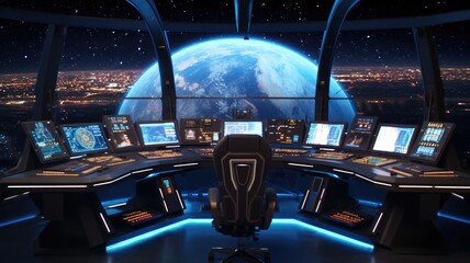 Futuristic spaceship cockpit interior with a view of space station and stars. A large spaceship window show view of space and modern cockpit with control panel with glowing light. Technology. AIG35.