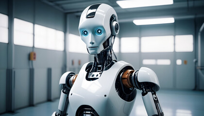 Modern robot standing at work. The future, robots doing human work